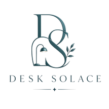 A stylized teal monogram logo combining an 'DS' with a desk lamp and leaf motif above the words 'DESK SOLACE' on a plain white background.